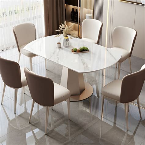 1 7 Piece Round Shape Stone Top Dining Room Table Set With Pedestal