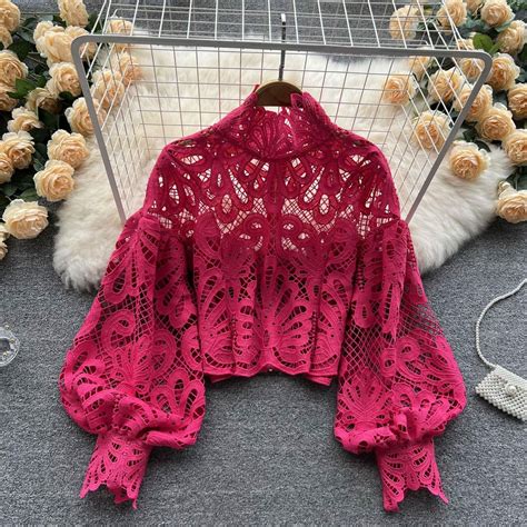 Lace Cutout Top Stand Collar Puff Sleeve Cropped Shirt Stand Collar