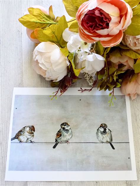 Three Sparrows On A Line Art Painting Poster Bird Wall Art Etsy