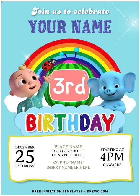 Free Editable Pdf Lovely Rainbow Cocomelon Birthday Invitation