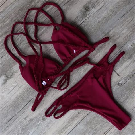 Sexy Women Wine Red Cross Bandage Bikini Set Push Up Padded Brazilian