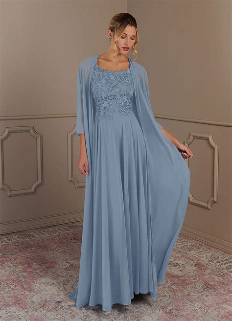 Azazie Kana Dusty Blue A Line Scoop Lace Chiffon Dress Mother Of The