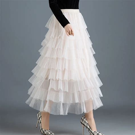 Womens Cakee Layered Maxi Long Tulle Skirts Streetwear Tiered Mesh Ruffled Tutu Ankle Long