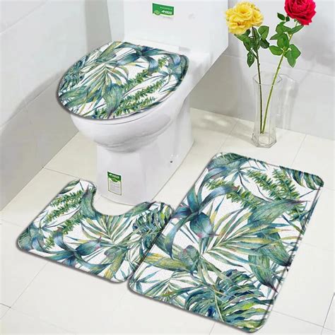 Palm Leaves Bath Mat Set Watercolour Tropical Plants Leaf Pattern Home