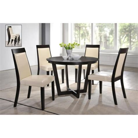 Indoor Black and White Modern 5pc Dining Set with a Round Solid Wood Table and 4 Stackable ...