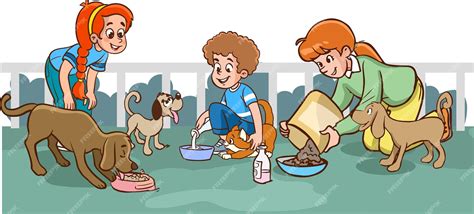 Premium Vector Mother And Kids Feeding Stray Animals Cartoon Vector