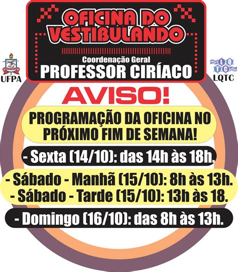 Oficina Do Vestibulando Aviso Programa O Da Oficina Dias E