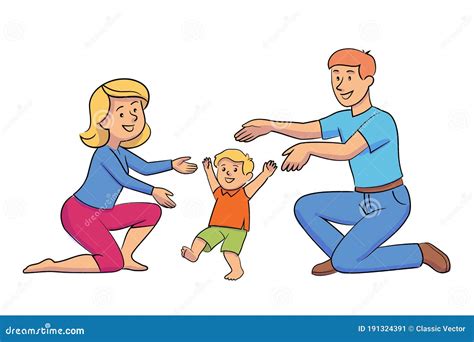 Happy Mother And Father Teaching Baby To Walk Stock Vector