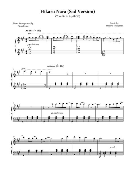 Your Lie In April Op Hikaru Nara Sad Version Sheet By Pianodeuss