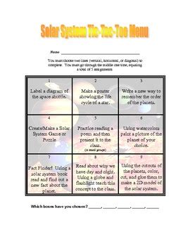 Space Solar System Tic Tac Toe Menu Of Activities By Quality Counts