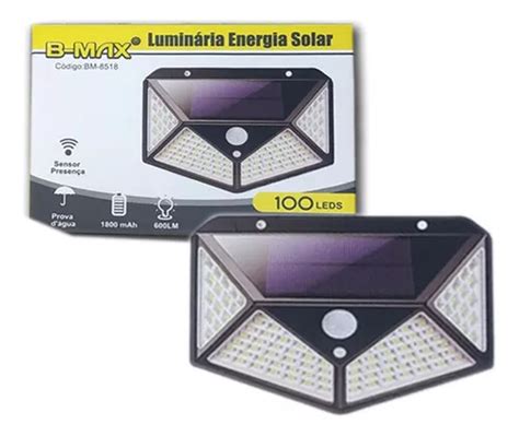 Luminária Parede Solar 100 Leds Bateria Luz Balizador Jardim