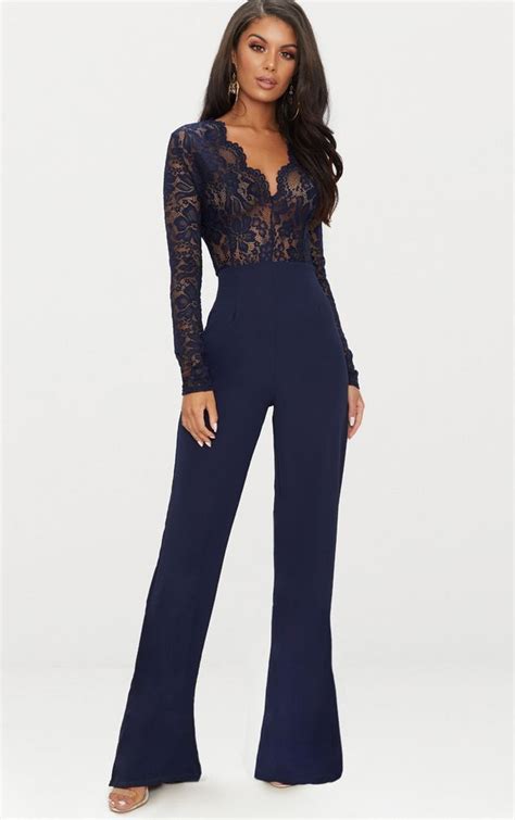 Navy Lace Long Sleeve Plunge Jumpsuit Classy Jumpsuit Fashion