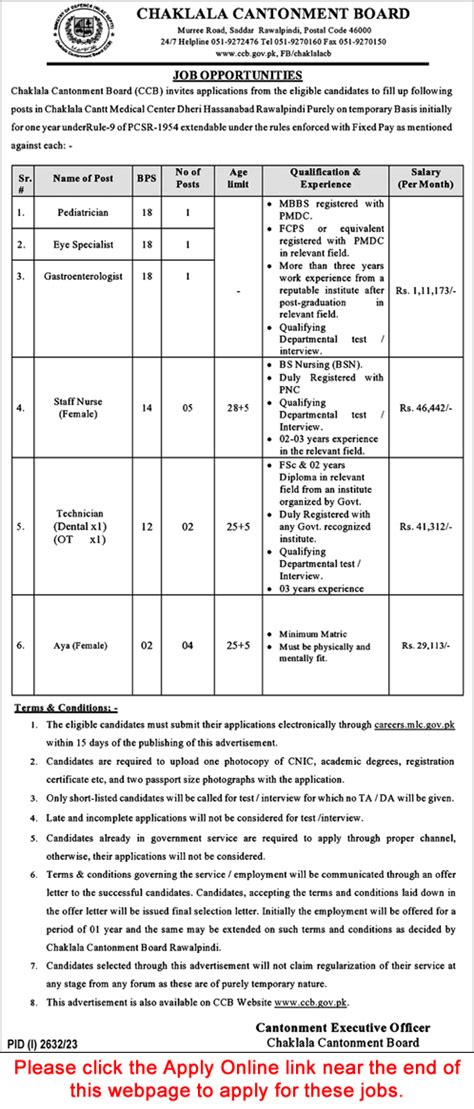 Chaklala Cantonment Board Rawalpindi Jobs November Apply Online