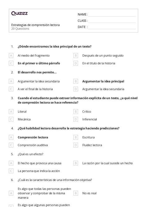 Estrategias De Comprensi N Lectora Hojas De Trabajo En Quizizz