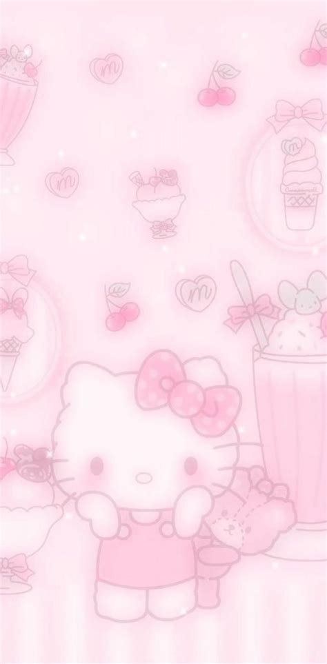 A Hello Kitty Wallpaper With Pink And White Designs On The Walls Including An Ice Cream Sundae