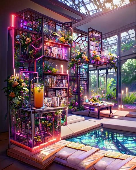 A Room Filled With Lots Of Plants And Bookshelves Next To A Swimming Pool