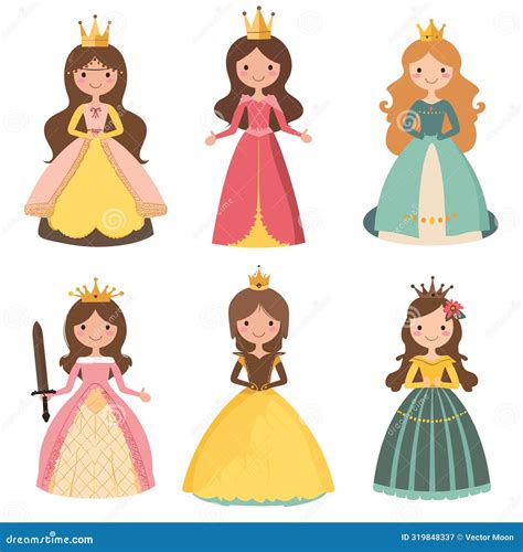 Six Cartoon Princesses Diverse Ethnicities Smiling Wearing Colorful