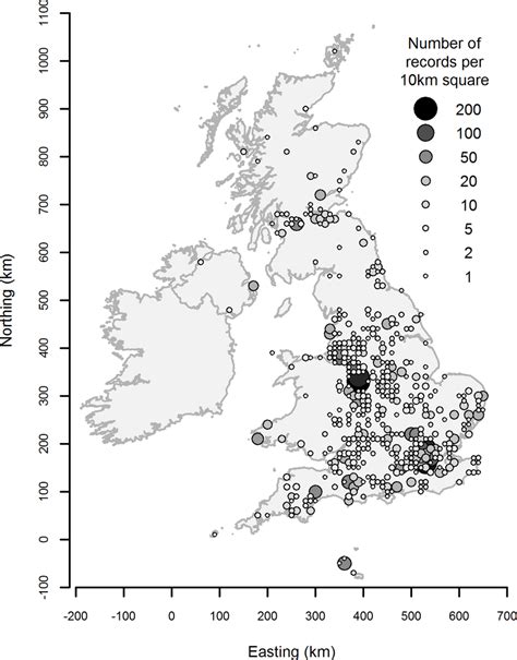 The Number Of Records Received Per 10km Grid Square In The Uk To Show