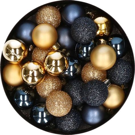 28x Stuks Kunststof Kerstballen Goud En Donkerblauw Mix 3 Cm