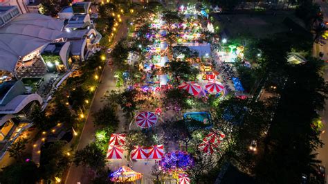 Aerial view of the summer market culinary festival in Bekasi, people ...