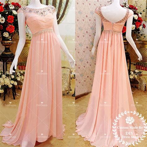 Round Neck Cap Sleeve Prom Dresses Beaded Skin Pink Chiffon Prom Formal