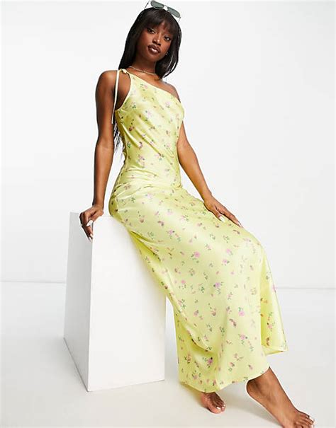 Asos Design One Shoulder Slip Maxi Beach Dress In Ditsy Floral Asos