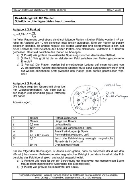 2015 16 WS 6 ECTS Altklausuren Klausur Elektrische Maschinen 6