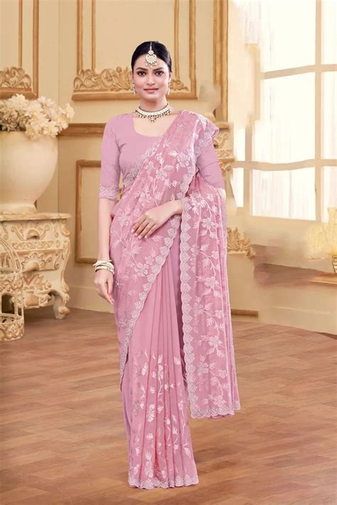 Pink Georgette Cut Work Border Fancy Work Saree For Reception Function