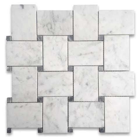 Carrara White Marble Large Basketweave Mosaic Tile W Bardiglio Gray