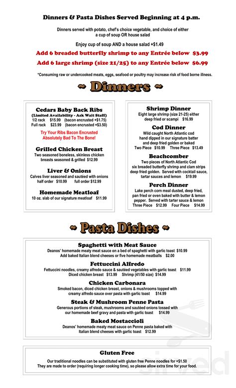 Three Cedars Restaurant Menu In Millersburg Michigan Usa