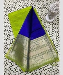 Parrot Green And Royal Blue Color Mangalagiri Pattu Handloom Saree With