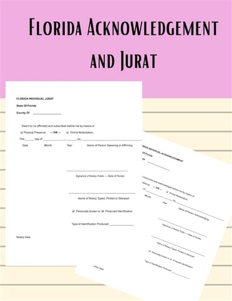 Florida State Acknowledgement And Jurat For Notary Pdf File Etsy