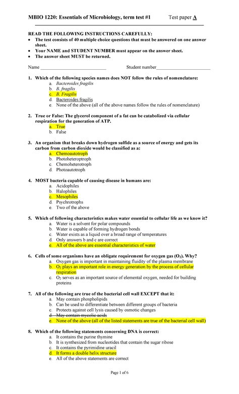 Test 1 2017 Answers MBIO 1220 Essentials Of Microbiology Term Test