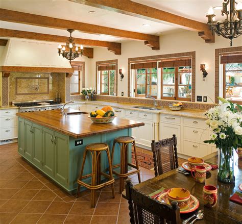 Spanish Style Kitchen Remodel Large Island And Wood Beams Country