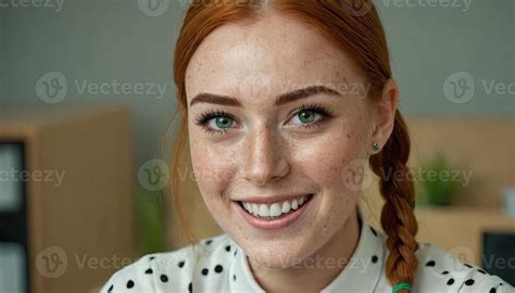 Ai Generated Redhead Woman Office Portrait Happy Smiling Lady With