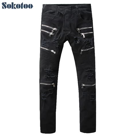 Sokotoo Men S Black Zipper Holes Ripped Biker Jeans Casual Slim Pleated