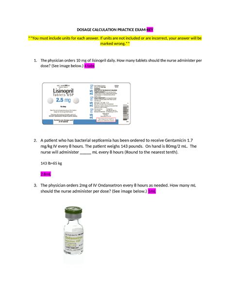 Dosage Calculation Practice Exam KEY DOSAGE CALCULATION PRACTICE EXAM