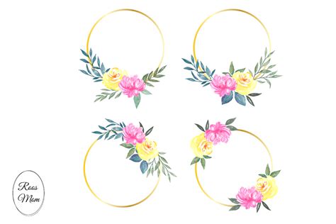 Gold Circle Frames Watercolor Flowers Graphic By Roosmom Creative Fabrica