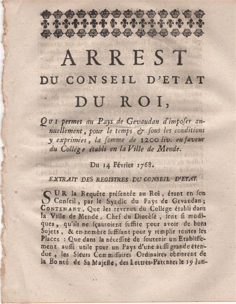 Arrest Du Conseil D Tat Du Roi Qui Permet Au Pays De Gevaudan D