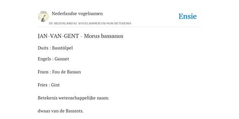 JAN VAN GENT Morus Bassanus De Betekenis Volgens Nederlandse