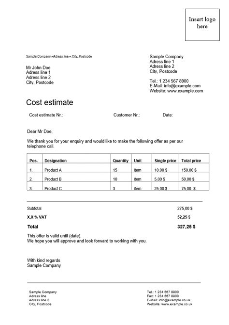 Cost estimate template | Word and Excel - IONOS