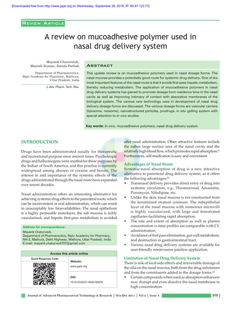 Pdf A Review On Mucoadhesive Polymer Used In Nasal Drug Delivery System