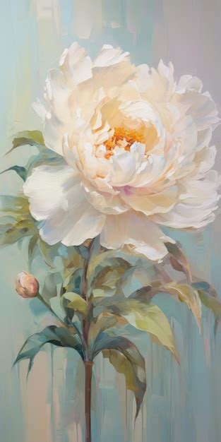 Premium AI Image | Exquisite Peony Painting With Light Yellow And Emerald Green Colors