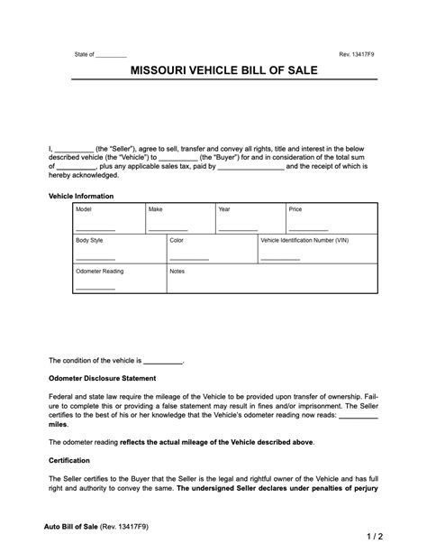 Free Missouri Motor Vehicle Bill Of Sale Form PDF Word