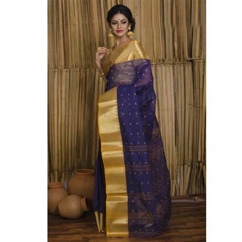 Pure Bengal Handloom Cotton Saree In Navy Blue And Yellow At Rs