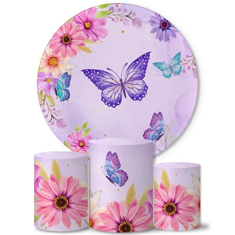 Trio Capas Cilindros Painel Tema Floral Borboletas Veste Fácil