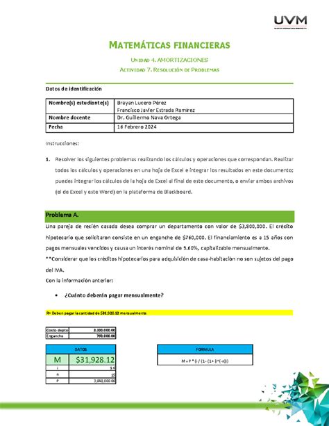 Actividad 7 Resolución de problemas MATEMÁTICAS FINANCIERAS UNIDAD 4