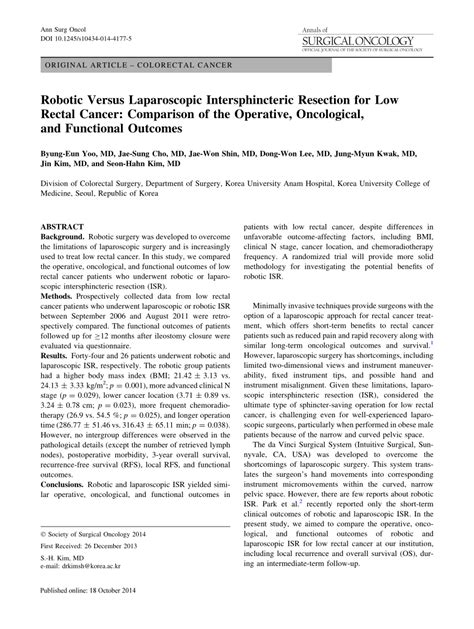 PDF Robotic Versus Laparoscopic Intersphincteric Resection For Low