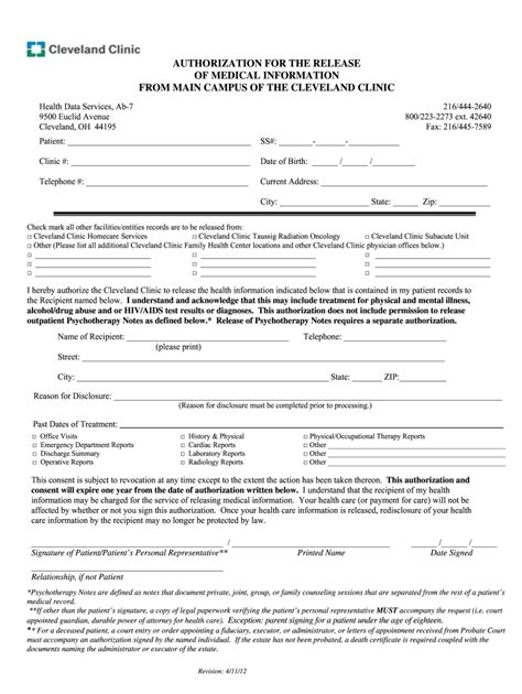 Cleveland Clinic Authorization Release Form Fill And Sign