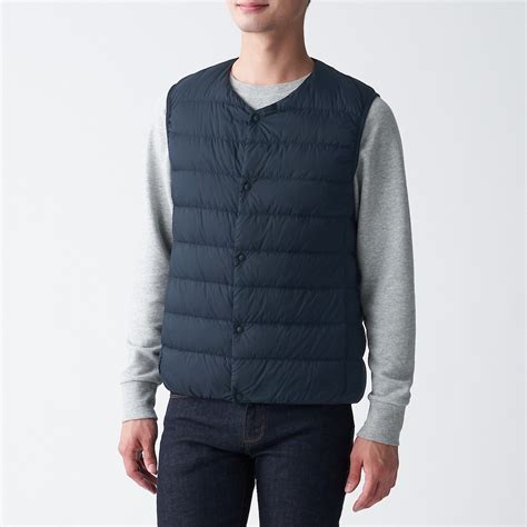 Light Weight Pocketable Collarless Down Vest Men S Dark Navy Muji